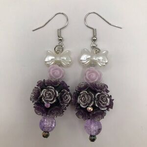 Purple Floral Rose Earrings with Bows and Crystal Accents